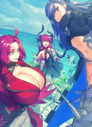 Rule 34 | armored boots, blue eyes, boots, breasts, dragon horns, elizabeth bathory (fate), elizabeth bathory (fate/extra ccc), fate/extra, fate/extra ccc, fate (series), flat chest, francis drake (fate), highres, horns, huge breasts, large breasts, long hair, melon22, meltryllis (fate), navel, pink hair, pirate, purple eyes, purple hair, ribbon, scar, scar on face