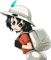 Rule 34 | 1girl, backpack, bag, black eyes, black gloves, black hair, commentary request, from behind, gloves, hat feather, helmet, highres, kaban (kemono friends), kamishima kanon, kemono friends, leaning forward, looking at viewer, looking back, open mouth, pith helmet, red shirt, shirt, short hair, short sleeves, shorts, simple background, smile, solo, wavy hair, white background, white shorts