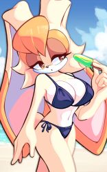 1girl absurdres animal_ears beach bikini black_bikini blunt_bangs breasts food furry highres holding holding_food large_breasts nano_(nanolovesyou) navel outdoors pointy_ears popsicle rabbit_ears rabbit_girl short_hair solo sonic_(series) swimsuit vanilla_the_rabbit yellow_eyes