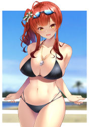 Rule 34 | 1girl, :d, ahoge, azur lane, bikini, black bikini, blue sky, blush, breasts, cleavage, collarbone, cowboy shot, day, emanon123, goggles, goggles on head, groin, hair ornament, highres, large breasts, long hair, looking at viewer, multi-strapped bikini, navel, o-ring, o-ring bikini, open mouth, outdoors, red hair, side ponytail, skindentation, sky, smile, solo, stomach, swimsuit, thighs, whistle, whistle around neck, zara (azur lane), zara (poolside coincidence) (azur lane)