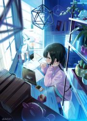Rule 34 | 1girl, akamoku, banned artist, black hair, black pants, blush, book, cactus, ceiling light, cellphone, charger, commentary request, cup, curtains, day, doily, drawing tablet, earbuds, earphones, from side, green eyes, hair between eyes, hair ornament, hairclip, highres, indoors, jacket, lamp, long hair, long sleeves, mug, notebook, open clothes, open jacket, original, pants, phone, pink jacket, plant, potted plant, profile, puffy long sleeves, puffy sleeves, shelf, shirt, sitting, sleeves past wrists, solo, stuffed animal, stuffed toy, sunlight, toy car, very long hair, white shirt, window