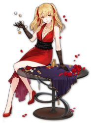 Rule 34 | 1girl, artist request, black gloves, blonde hair, coin, dress, elbow gloves, flower, game cg, glass table, gloves, gold coin, high heels, jewelry, kakegurui, lips, looking at viewer, mahjong, mahjong soul, mahjong tile, necklace, official art, petals, red dress, red flower, red footwear, red ribbon, red rose, ribbon, rose, saotome mary, simple background, sitting, sitting on table, smile, table, tablecloth, tassel, third-party source, transparent background, twintails, yostar
