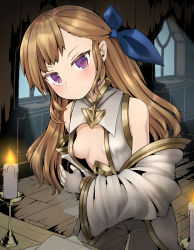 Rule 34 | 1girl, bare shoulders, breasts, brown hair, candle, character request, commentary request, detached sleeves, fingerless gloves, gloves, gold trim, gplnbeat, hair ribbon, highres, indoors, long hair, looking at viewer, mistover, purple eyes, ribbon, small breasts, smile, solo, tsurime