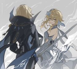 Rule 34 | 1boy, 1girl, black cape, black pants, blonde hair, breasts, cape, dainsleif (genshin impact), detached sleeves, dress, flower, genshin impact, hair between eyes, highres, holding, holding sword, holding weapon, lofter username, lumine (genshin impact), pants, parted lips, short hair with long locks, simple background, small breasts, sword, vidoakdame, weapon, white dress, white flower, yellow eyes
