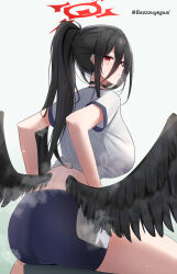 Rule 34 | 1girl, absurdres, ass, baozouyeguai, black bra, black hair, black wings, blue archive, blue buruma, blue sky, bra, breasts, buruma, closed mouth, clothes lift, cloud, day, feathered wings, from behind, gym uniform, halo, hasumi (blue archive), hasumi (track) (blue archive), highres, large breasts, large wings, long bangs, long hair, looking at viewer, looking back, low wings, mole, mole under eye, official alternate costume, ponytail, red eyes, removing bra, see-through, see-through shirt, shirt, shirt lift, short sleeves, sky, solo, steaming body, sweat, twitter username, underbutt, underwear, white background, white shirt, wings