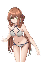Rule 34 | 1girl, bare legs, bare shoulders, bikini, breasts, cleavage, closed mouth, collarbone, girls&#039; frontline, green eyes, hair ornament, hair ribbon, highres, legs, long hair, looking at viewer, macayase, medium breasts, multi-strapped bikini, navel, official alternate costume, orange hair, ribbon, simple background, smile, solo, springfield (girls&#039; frontline), springfield (stirring mermaid) (girls&#039; frontline), standing, swimsuit, white background, white bikini