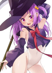 Rule 34 | 1girl, absurdres, alternate costume, arm warmers, bare shoulders, black hat, black sleeves, blush, bow, covered erect nipples, covered navel, detached sleeves, hair bobbles, hair ornament, hat, highres, holding, holding scythe, leotard, long hair, looking at viewer, magia record: mahou shoujo madoka magica gaiden, magical girl, mahou shoujo madoka magica, mamadasky, misono karin, open mouth, parted bangs, purple eyes, purple hair, red bow, scythe, simple background, smile, solo, two side up, white background, witch hat