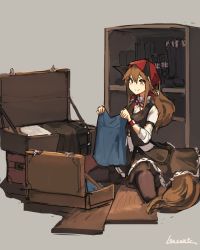 Rule 34 | 1girl, animal ears, artist name, boots, unworn boots, brown hair, folding clothes, grey background, holding, holding clothes, kerchief, lansane, long hair, long sleeves, luggage, pantyhose, shelf, shirt, sitting, skirt, smile, solo, suitcase, tail, tsana (lansane), vest, wariza, white shirt, wolf ears, wolf tail, wooden floor, wristband, yellow eyes