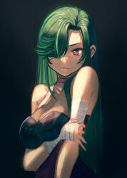 Rule 34 | 1girl, bandaged arm, bandaged hand, bandages, black background, black dress, breasts, closed mouth, commentary, delicious party precure, dress, green hair, hair over one eye, halter dress, halterneck, highres, jj (ssspulse), long hair, looking at viewer, medium breasts, precure, red eyes, secretoru (precure), see-through, solo, standing