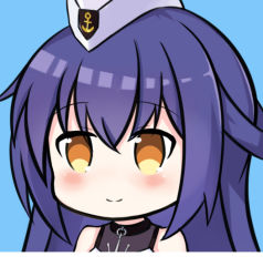 Rule 34 | 1girl, anchor symbol, azur lane, bare shoulders, blue background, blush, brown eyes, closed mouth, commentary request, dewey (azur lane), garrison cap, hair between eyes, hat, long hair, looking away, nagato-chan, portrait, purple hair, simple background, sleeveless, smile, solo, white hat