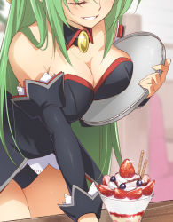 Rule 34 | 1girl, black leotard, black sleeves, breast press, breasts, cleavage, closed eyes, collarbone, cowboy shot, detached collar, detached sleeves, green hair, grin, gulim, hair over shoulder, head out of frame, higurashi no naku koro ni, holding, holding plate, large breasts, leaning forward, leotard, long hair, long sleeves, parfait, plate, smile, solo, sonozaki shion, strapless, strapless leotard, very long hair