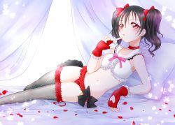 Rule 34 | absurdres, ayamu (igakato), bad id, bad pixiv id, bed, black hair, bokura wa ima no naka de, commentary request, fingerless gloves, gloves, hair ribbon, highres, lingerie, love live!, love live! school idol project, red eyes, ribbon, solo, twintails, underwear, yazawa nico