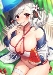 Rule 34 | 1girl, bare shoulders, bikini, black ribbon, blue jacket, blush, breasts, cleavage, collarbone, commentary request, finger to mouth, flower, food, from above, fruit, girls&#039; frontline, hair flower, hair ornament, hair ribbon, hand up, holding, holding food, holding fruit, huge breasts, jacket, kinsenka momi, long hair, long sleeves, looking at viewer, multicolored clothes, multicolored jacket, multicolored ribbon, navel, o-ring, o-ring bikini, off-shoulder jacket, off shoulder, official alternate costume, plant, red bikini, red eyes, red ribbon, ribbon, shotgun shell, silver hair, sitting, smile, solo, spas-12 (girls&#039; frontline), spas-12 (midsummer fruit) (girls&#039; frontline), swimsuit, tongue, tongue out, twintails, watermelon, white bikini, white flower, white jacket