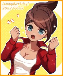 Rule 34 | artist name, asahina aoi, blue eyes, border, breasts, brown hair, cleavage, clenched hands, collarbone, danganronpa: trigger happy havoc, danganronpa (series), dated, green eyes, hair ornament, hands up, happy birthday, jacket, large breasts, looking at viewer, mikao (eanv5385), notice lines, open clothes, open jacket, open mouth, orange border, red jacket, shirt, short hair, smile, solo, upper body, white shirt, yellow background