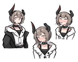 Rule 34 | 1girl, absurdres, arknights, asymmetrical horns, bad id, bad twitter id, blush, brown hair, closed eyes, commentary, english commentary, food, highres, hood, hooded jacket, horns, infection monitor (arknights), jacket, material growth, mumei518, oripathy lesion (arknights), pocky, pocky day, short hair, simple background, solo, vulcan (arknights), white background, yellow eyes