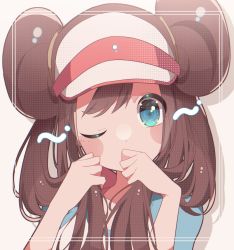 Rule 34 | 1girl, blue eyes, blush stickers, bow, brown hair, commentary, covering own mouth, creatures (company), double bun, framed, game freak, grey background, hair bun, hands up, hat, highres, long hair, looking at viewer, mo (smileomoti), nintendo, one eye closed, pink bow, pokemon, pokemon bw2, raglan sleeves, rosa (pokemon), solo, twintails, upper body, visor cap, white hat