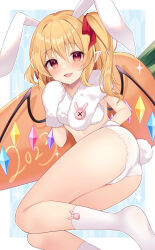 Rule 34 | 1girl, absurdres, animal ears, ass, bad anatomy, blonde hair, blush, crystal, fake animal ears, fake tail, fang, flandre scarlet, hair between eyes, highres, long hair, miy@, open mouth, rabbit ears, rabbit tail, red eyes, side ponytail, smile, socks, solo, sparkle, tail, touhou, twisted torso, white socks, wings