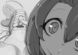 Rule 34 | 2girls, @ @, aruku001, bar censor, bed sheet, blush, breasts, breasts apart, censored, close-up, crazy eyes, crazy smile, dildo, eye contact, female pov, femdom, greyscale, highres, jashin-chan, jashin-chan dropkick, lamia, looking at another, looking at viewer, medium breasts, medusa (jashin-chan dropkick), monochrome, monster girl, multiple girls, navel, nipples, pov, pussy, pussy juice, sex toy, sheet grab, small breasts, smile, wide-eyed, yuri