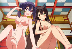 Rule 34 | 10s, 2girls, :d, absurdres, animal ears, arm support, barefoot, black hair, blue hair, breasts, card, cat ears, cleavage, cleft of venus, collarbone, completely nude, embarrassed, feet, from below, green eyes, highres, holding, holding card, indoors, katou ai, long hair, looking at viewer, medium breasts, multiple girls, nipples, nude, nude filter, open mouth, pussy, red eyes, scan, shorts, smile, soles, tatsumi kon, third-party edit, toes, twintails, urara meirochou, very long hair, yukimi koume