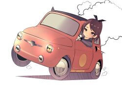 Rule 34 | 1girl, abarth, absurdres, brown eyes, brown hair, car, commentary request, driving, fiat, hair ribbon, highres, kantai collection, left-hand drive, motor vehicle, ponytail, ribbon, shikinami (kancolle), short hair, smoke, solo, tf cafe, vehicle request