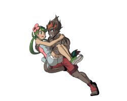 Rule 34 | 1girl, blush, carrying, commentary request, creatures (company), dark-skinned female, dark-skinned male, dark skin, flower, full body, game freak, green eyes, green footwear, green hair, hair flower, hair ornament, hetero, kiawe (pokemon), mallow (pokemon), multicolored hair, muscular, muscular male, nintendo, pants, pokemon, pokemon sm, princess carry, red hair, red pants, simple background, solitaire jand, sweat, teeth, topless male, two-tone hair, white background