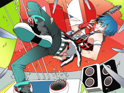 Rule 34 | 1boy, bad id, bad pixiv id, bitte, blue eyes, blue hair, casual, fingerless gloves, gloves, guitar, instrument, kaito (vocaloid), looking at viewer, male focus, matching hair/eyes, multicolored nails, nail polish, shoes, short hair, solo, vocaloid