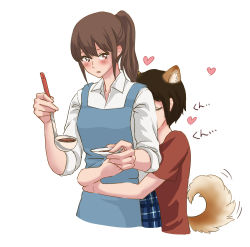 Rule 34 | 2girls, animal ears, apron, black hair, blush, brown hair, closed eyes, commentary request, cooking, cropped torso, dog ears, dog tail, heart, height difference, holding, hug, hug from behind, kemonomimi mode, kiss, kissing back, komano hina, ladle, long hair, multiple girls, okujou no yurirei-san, open mouth, rin.hayashiki, short hair, short sleeves, simple background, sleeves rolled up, tail, toomi yuna, white background, yuri