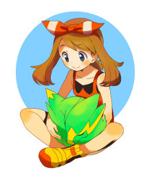 Rule 34 | 1girl, bike shorts, black shorts, blue eyes, bow, brown hair, closed eyes, closed mouth, collarbone, creatures (company), electrike, floating hair, full body, game freak, gen 3 pokemon, hair bow, hairband, long hair, may (pokemon), nintendo, pokemon, pokemon (creature), pokemon oras, popcorn 91, red hairband, red shirt, shirt, short shorts, shorts, shorts under shorts, sitting, sleeping, sleeveless, sleeveless shirt, striped, striped bow, swept bangs, twintails, white background, white shorts, yellow footwear