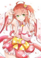 Rule 34 | 1girl, absurdres, ahoge, armpits, bell, breasts, cherry blossom print, floral print, frills, green eyes, hair bell, hair ornament, hairclip, highres, hololive, large breasts, long hair, ogura toast, one side up, paw pose, paw print, paw print pattern, pink hair, sakura miko, sakura miko (1st costume), sideboob, solo, teeth, virtual youtuber, white background