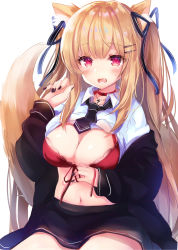Rule 34 | 1girl, animal ear fluff, animal ears, bad id, bad pixiv id, black jacket, black nails, black skirt, blonde hair, bra, breasts, choker, cleavage, clothes lift, collared shirt, fang, fox ears, fox girl, fox tail, front-tie top, hair ornament, hair ribbon, hairclip, hand up, highres, jacket, jewelry, large breasts, lingerie, long hair, long sleeves, looking at viewer, miniskirt, nail polish, navel, necklace, necktie, nekomugiharu, off shoulder, open clothes, open jacket, open mouth, original, pink eyes, red bra, revision, ribbon, shirt, shirt lift, short necktie, simple background, skirt, solo, tail, two side up, underwear, very long hair, white background, white shirt