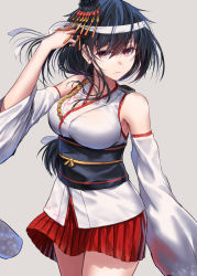 Rule 34 | 1girl, bare shoulders, black hair, breasts, closed mouth, cowboy shot, detached sleeves, floral print, grey background, hair between eyes, hair ornament, headband, highres, japanese clothes, kantai collection, large breasts, nontraditional miko, pleated skirt, red eyes, red skirt, short hair, simple background, skirt, solo, white headband, wide sleeves, yamashiro (kancolle), yamashiro kai ni (kancolle), zombie mogura