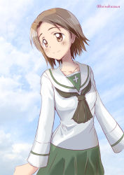 Rule 34 | 10s, 1girl, black neckerchief, blouse, brown eyes, brown hair, closed mouth, cloud, cloudy sky, commentary, day, girls und panzer, green skirt, long sleeves, looking to the side, miniskirt, nakasawa kei, neckerchief, ooarai school uniform, outdoors, parted bangs, pleated skirt, sawa azusa, school uniform, serafuku, shirt, short hair, skirt, sky, smile, solo, squatting, twitter username, upper body, white shirt