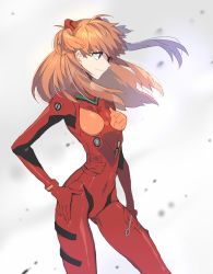 Rule 34 | 1girl, arm at side, bodysuit, brown hair, contrapposto, eyepatch, from side, hand on own hip, long hair, mizukoma, neon genesis evangelion, plugsuit, smile, solo, souryuu asuka langley, white background