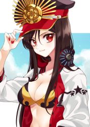 Rule 34 | 1girl, bad id, bad pixiv id, bikini, black bikini, black hair, black hat, blue sky, blush, breasts, cleavage, closed mouth, collarbone, crest, family crest, fate/grand order, fate (series), hat, headphones, headphones around neck, jacket, kanon (ikamiso), koha-ace, large breasts, letterman jacket, long hair, long sleeves, looking at viewer, nail polish, oda nobunaga (fate), oda nobunaga (koha-ace), oda nobunaga (swimsuit berserker) (fate), oda nobunaga (swimsuit berserker) (first ascension) (fate), oda nobunaga (swimsuit berserker) (second ascension) (fate), oda uri, open clothes, open jacket, peaked cap, red eyes, red nails, sky, smile, solo, swimsuit