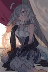 Rule 34 | 1girl, :o, ahoge, black scarf, bracelet, feathered wings, grey hair, hair over one eye, hand up, hatutaro, iana (pixiv fantasia age of starlight), indoors, jewelry, long hair, low wings, pixiv fantasia, pixiv fantasia age of starlight, scarf, sitting, solo, tent, white wings, wings