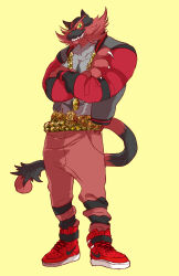 Rule 34 | 1boy, belt, bling, brand name imitation, chain, clothed pokemon, colored sclera, creatures (company), crossed arms, ear piercing, full body, furry, furry male, game freak, gen 7 pokemon, gold chain, green eyes, grin, highres, incineroar, nintendo, non-web source, pants, piercing, pokemon, pokemon (creature), red footwear, red pants, self-upload, shoes, simple background, smile, sneakers, solo, standing, studded belt, tail, woborou, yellow background, yellow sclera