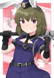 Rule 34 | 1girl, animal ear fluff, animal ears, baseball bat, black gloves, black necktie, blue hat, blue shirt, blue skirt, border, breasts, buttons, cleavage cutout, clothing cutout, commentary request, eyelashes, gloves, green hair, grin, hair between eyes, handcuff dangle, hat, highres, holding, holding baseball bat, idolmaster, idolmaster million live!, idolmaster million live! theater days, index finger raised, light blush, looking at viewer, metal baseball bat, mini hat, nagayoshi subaru, necktie, pink background, pink eyes, pleated skirt, rabbit ears, shirt, short hair, short sleeves, sidelocks, skirt, small breasts, smile, solo, sparkle, star (symbol), translation request, v-shaped eyebrows, white border, zushimari p