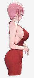 Rule 34 | 1girl, absurdres, backless dress, backless outfit, bare arms, bare shoulders, blue eyes, breasts, cocktail dress, dress, earrings, from side, go-toubun no hanayome, halterneck, highres, jewelry, large breasts, looking ahead, nakano ichika, pink hair, red dress, short hair, sideboob, simple background, sleeveless, sleeveless dress, solo, sooon, stud earrings