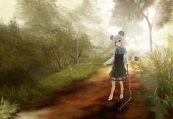 Rule 34 | 1girl, akai kitsune, animal ears, bad id, bad pixiv id, basket, brown dress, capelet, dowsing rod, dress, female focus, fog, forest, grey eyes, highres, jewelry, mouse (animal), mouse ears, mouse tail, nature, nazrin, necklace, outdoors, pendant, plant, red eyes, solo, tail, touhou
