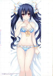 Rule 34 | absurdres, bare shoulders, bed sheet, bikini, blue hair, blush, bracelet, breasts, choujijigen game neptune re;birth 2, collarbone, hand on own chest, highres, jewelry, long hair, looking at viewer, lying, medium breasts, navel, neptune (series), noire (neptunia), official art, on back, parted lips, polka dot, polka dot bikini, red eyes, scan, solo, swimsuit, tsunako, twintails, wet