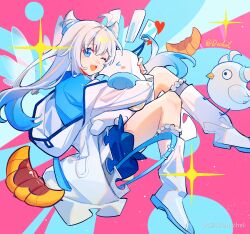 Rule 34 | 1girl, ahoge, bird, blue eyes, blue hair, blue shirt, blue shorts, boots, chinese commentary, commentary request, cone hair bun, croissant, dechel, food, full body, hair bun, hair horns, heart, highres, hug, jacket, knee boots, long hair, long sleeves, looking at viewer, mascot, mihoyo, miyouji, multicolored hair, one eye closed, open mouth, pink background, shirt, shorts, smile, solo, sparkle, streaked hair, twitter username, watermark, white footwear, white hair, white jacket