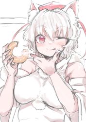 Rule 34 | 1girl, :q, animal ears, breasts, doughnut, eating, food, hat, highres, holding, holding food, inubashiri momiji, one eye closed, red eyes, short hair, solo, tokin hat, tongue, tongue out, touhou, white hair, wolf ears, yoyoiro (sysi20)