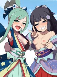 Rule 34 | 2girls, armpits, bare shoulders, black hair, blue sky, blush, breasts, cloud, collarbone, cowboy shot, creatures (company), dawn (new year&#039;s 2023) (pokemon), dawn (pokemon), day, detached sleeves, earrings, flashing, game freak, gradient background, green eyes, green hair, grey eyes, grin, hair ornament, half-closed eyes, highres, japanese clothes, jewelry, kohatsuka, lisia (new year&#039;s 2023) (pokemon), lisia (pokemon), long hair, long sleeves, matching hair/eyes, medium breasts, multiple girls, nintendo, nipples, no bra, off shoulder, open mouth, pokemon, pokemon masters ex, ponytail, sky, smile, smug, standing