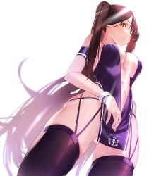 Rule 34 | 1girl, absurdres, azur lane, breasts, brown hair, center opening, cleavage, cowboy shot, detached sleeves, dress, dutch angle, from below, garter straps, gluteal fold, highres, large breasts, long hair, navel, ninsaki (9saki), one eye closed, pelvic curtain, purple dress, purple thighhighs, race queen, revealing clothes, short dress, simple background, skindentation, solo, thighhighs, very long hair, white background, yellow eyes, zuikaku (azur lane), zuikaku (the wind&#039;s true name) (azur lane)