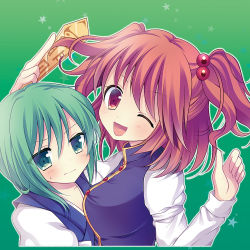 Rule 34 | 2girls, blush, breast envy, breasts, cosplay, costume switch, flat chest, frown, green background, green eyes, green hair, hair bobbles, hair ornament, large breasts, looking at viewer, multiple girls, no headwear, no headwear, one eye closed, onozuka komachi, onozuka komachi (cosplay), open mouth, red eyes, red hair, rod of remorse, shiki eiki, shiki eiki (cosplay), short hair, smile, star (symbol), starry background, swami, sweatdrop, touhou, twintails, two side up, wink