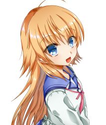 Rule 34 | 1girl, :d, angel beats!, blue eyes, commentary request, eyes visible through hair, from above, hair between eyes, hair down, highres, key (company), long hair, long sleeves, looking at viewer, looking to the side, looking up, open mouth, orange hair, pink ribbon, ribbon, school uniform, sekine shiori, shinda sekai sensen uniform, shirt, simple background, smile, solo, standing, upper body, white background, white shirt, zuzuhashi