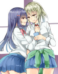 Rule 34 | 2girls, adjusting clothes, anger vein, blonde hair, blue hair, fang, highres, mimoto (aszxdfcv), multiple girls, necktie, open mouth, original, red eyes, yellow eyes, yuri