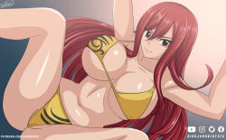Rule 34 | 1girl, breasts, cleavage, erza scarlet, fairy tail, highres, large breasts, long hair, red hair, smile