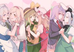 Rule 34 | 6+girls, alice margatroid, animal ears, apron, blazer, blonde hair, blush, bob cut, breasts, candy, chocolate, chocolate heart, closed eyes, commentary request, crescent, crescent pin, eye contact, flandre scarlet, food, frilled apron, frilled sleeves, frills, green hair, hand on another&#039;s face, heart, holding hands, imminent kiss, izayoi sakuya, jacket, komeiji koishi, large breasts, light purple hair, looking at another, mouth hold, multiple girls, necktie, nervous, pointy ears, puffy short sleeves, puffy sleeves, rabbit ears, red eyes, red necktie, reisen udongein inaba, shirt, short hair, short sleeves, silver hair, smile, soku (bluerule-graypray), standing, suit jacket, sweatdrop, touhou, valentine, waist apron, white apron, white shirt, wide sleeves, wrist cuffs, yellow eyes, yuri