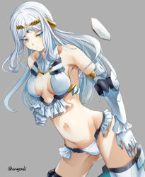 Rule 34 | 1girl, aona (anagasaki), bare shoulders, bikini, blue eyes, breasts, cleavage, elbow gloves, fate/grand order, fate (series), galatea (fate), gloves, halterneck, highres, joints, long hair, looking at viewer, medium breasts, navel, parted bangs, robot joints, solo, swimsuit, thighhighs, thighs, tiara, white bikini, white gloves, white hair, white thighhighs